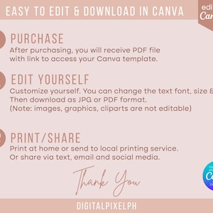 Puede incluir: Gr&aacute;fico rosa claro con instrucciones para editar y descargar una plantilla de Canva. Los pasos incluyen comprar, editar e imprimir o compartir. El texto tambi&eacute;n incluye "Gracias" y el nombre del vendedor.
