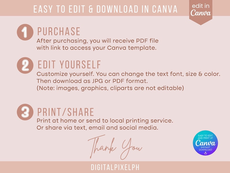 Puede incluir: Gr&aacute;fico rosa claro con instrucciones para editar y descargar una plantilla de Canva. Los pasos incluyen comprar, editar e imprimir o compartir. El texto tambi&eacute;n incluye "Gracias" y el nombre del vendedor.