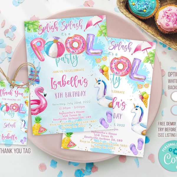 Pool Party Birthday Invitation, Pool Party Birthday Invite, Pool Party Invitation, Pool Party Thank you tag, Editable Invitation