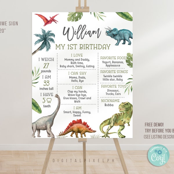 Editable Dinosaur Birthday Milestone Poster Template, Dinosaur Milestone Poster, Dinosaur Milestone Board Poster