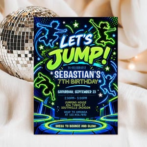 May include: A rectangular birthday invitation card featuring neon green and blue silhouettes of children jumping on trampolines against a dark background. The text reads LET'S JUMP! TO CELEBRATE! SEBASTIAN'S 7TH BIRTHDAY, SATURDAY, SEPTEMBER 23, 2:30PM- 5:00PM, JUMPING HOUSE 456 TUNAS ST. SOUTHVILLE JACKSON, RSVP TO AMANDA AT 123.456.7890, DRESS TO BOUNCE AND GLOW!