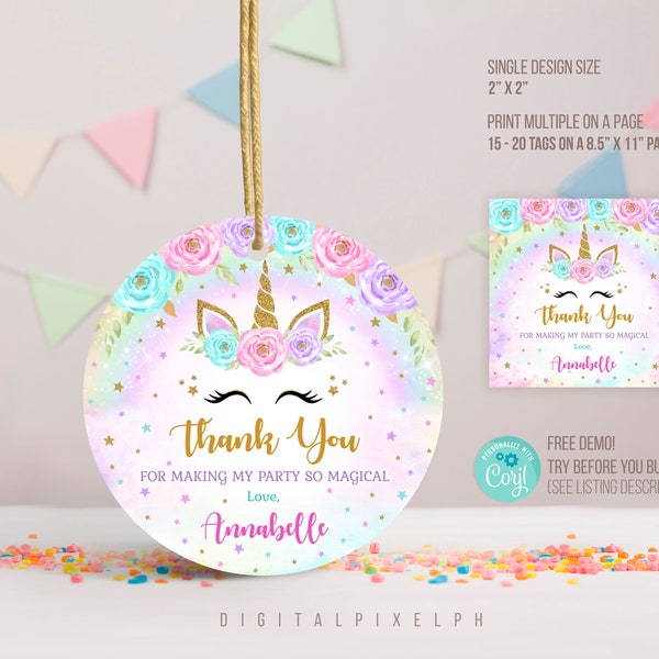 Editable Unicorn Round thank you tags, Unicorn Sticker, Unicorn Square thank you tags, Unicorn Favor Tags