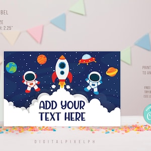 Étiquette de nourriture modifiable dans l'espace, cartes de tente de nourriture de fête d'anniversaire de l'espace, étiquette de tente de nourriture de l'espace