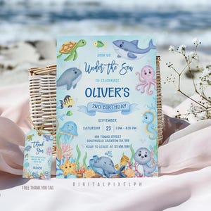 Invitación de cumpleaños bajo el mar, invitación para fiesta de animales marinos (descarga digital)