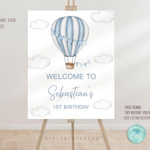 Modèle modifiable de plaque de bienvenue d'anniversaire en montgolfière, modèle de plaque personnalisée d'anniversaire en montgolfière