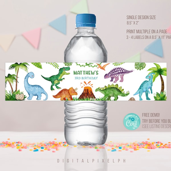 Editable Dinosaur Water Bottle Label, Dinosaur Label, Dinosaur Water Bottle Label, Dinosaur bottle Label