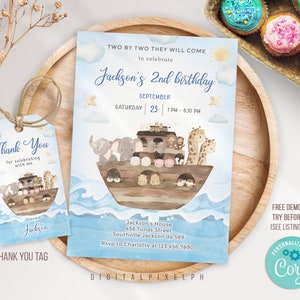 Editable Noah&#39;s Ark Birthday Invitation Template, Noah&#39;s Ark Invitation, Noah&#39;s Ark thank you tag, Noahs Ark Invitation Template, DPH