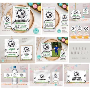 Editable Soccer Birthday Invitation Bundle Template, Soccer Welcome Custom Sign, Soccer label, Soccer party decor