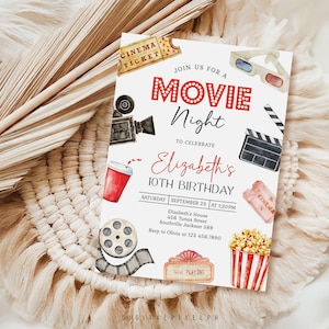 May include: A movie night invitation with watercolor illustrations. The invitation features a red and white popcorn bucket, film reel, movie clapper, and 3D glasses. The text reads "Join us for a Movie Night to celebrate Elizabeth's 10th Birthday."