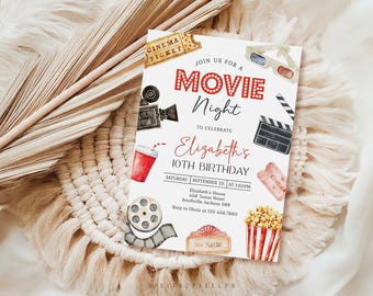 May include: A rectangular movie night invitation card featuring watercolour illustrations of a cinema ticket, 3D glasses, a film camera, a clapperboard, a red drink, a film reel, popcorn, and a sign. Text includes JOIN US FOR A MOVIE NIGHT, Elizabeth's 10TH BIRTHDAY, and event details.