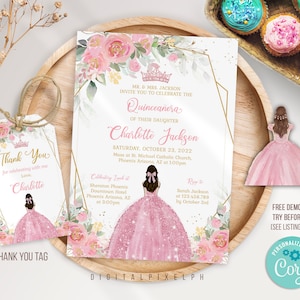 Bewerkbare Blush Pink Quinceañera-uitnodigingsjabloon, Mis Quince-uitnodiging, Quinceañera-uitnodiging, Quinceañera-bedanktag M3L