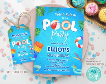 Pool Party Birthday Invitation, Pool Party Birthday Invite, Pool Party Invitation, Pool Party Thank you tag, Editable Invitation