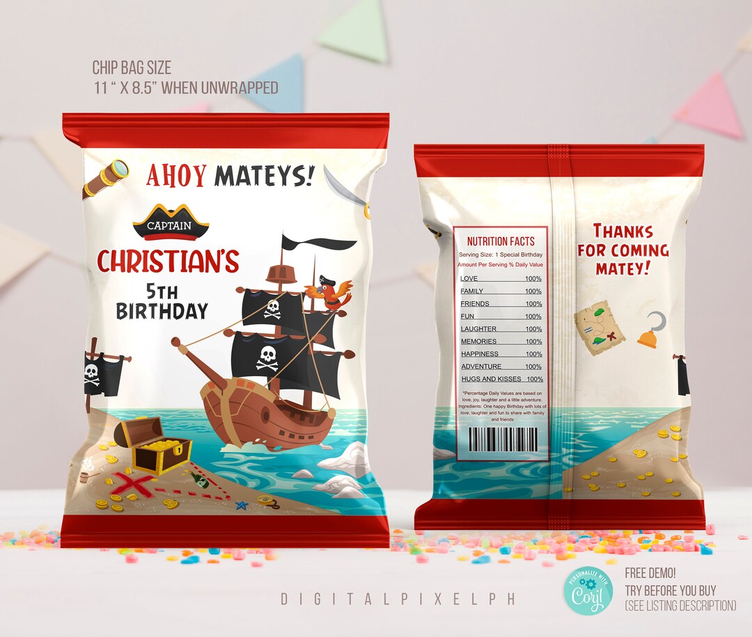 Editable Pirate Chip Bag Wrapper Labels, Pirate Bag Wrapper Labels, Pirate Chip Bag Wrapper ...