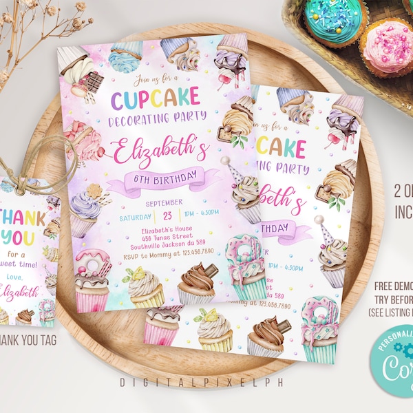 Cupcakes Einladung, Cupcake Geburtstagseinladung, süße Cupcakes Geburtstagseinladung, Cupcake Einladung Editierbare Vorlage