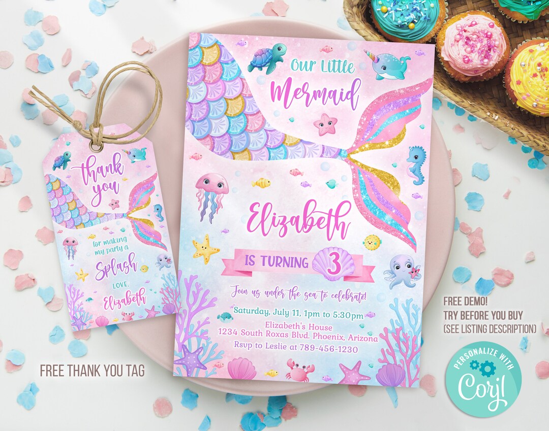 Mermaid Birthday Invitation Template Printable, Mermaid Birthday Invitation, Mermaid Thank You ...
