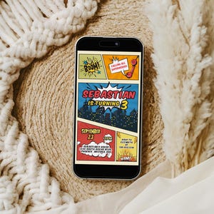 Invitación telefónica editable de cumpleaños de superhéroes, temática de cómics