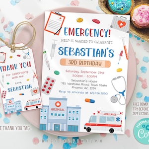 Editable Kids Doctor Birthday Invitation, First Responders Birthday Invitation, Nurse invitation, Medical Emergency Invitation, DPH