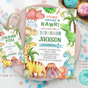 Dinosaur Birthday Party Invitation Template, Dinosaur  Birthday Invitation, Dinosaur  thank you tag, Printable, Instant download