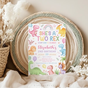 Girls Dinosaur Birthday Invitation Template, She's A Two Rex Birthday Girl Invitation, Dinosaur Thank You Tags (Digital Download)