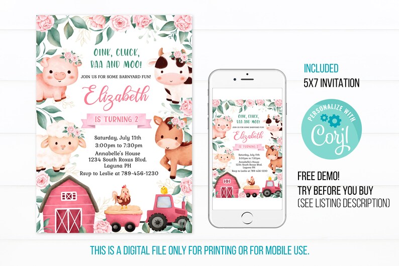 Farm Birthday Party Invitation Template Farm Animals Birthday Etsy