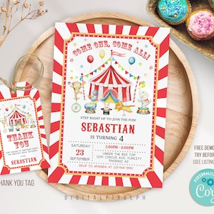 Editable Carnival Birthday Invitation Template, Circus Birthday Invitation, Carnival Invitation, Carnival circus thank you tag, DPH