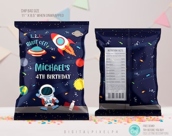 Editable Outer Space birthday Chip Bag Wrapper Labels, Outer space Chip Bag Wrapper Labels