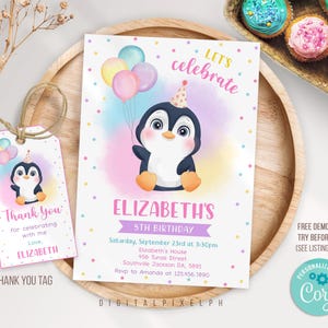 Editable Penguin Birthday Invitation template, Winter Party Invitation, Penguin Invitation, Penguin thank you tags