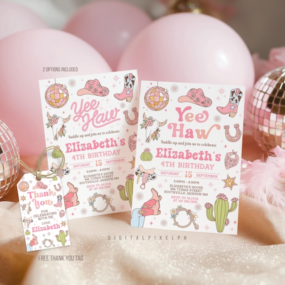 Space Cowgirl Birthday Invitation, Disco Rodeo (Digital Download)