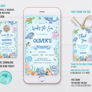 Under The Sea Phone Birthday Invitation, Under The Sea Electronic Invitation, Under The Sea thank you tag,  Ocean Animals Electronic Invite