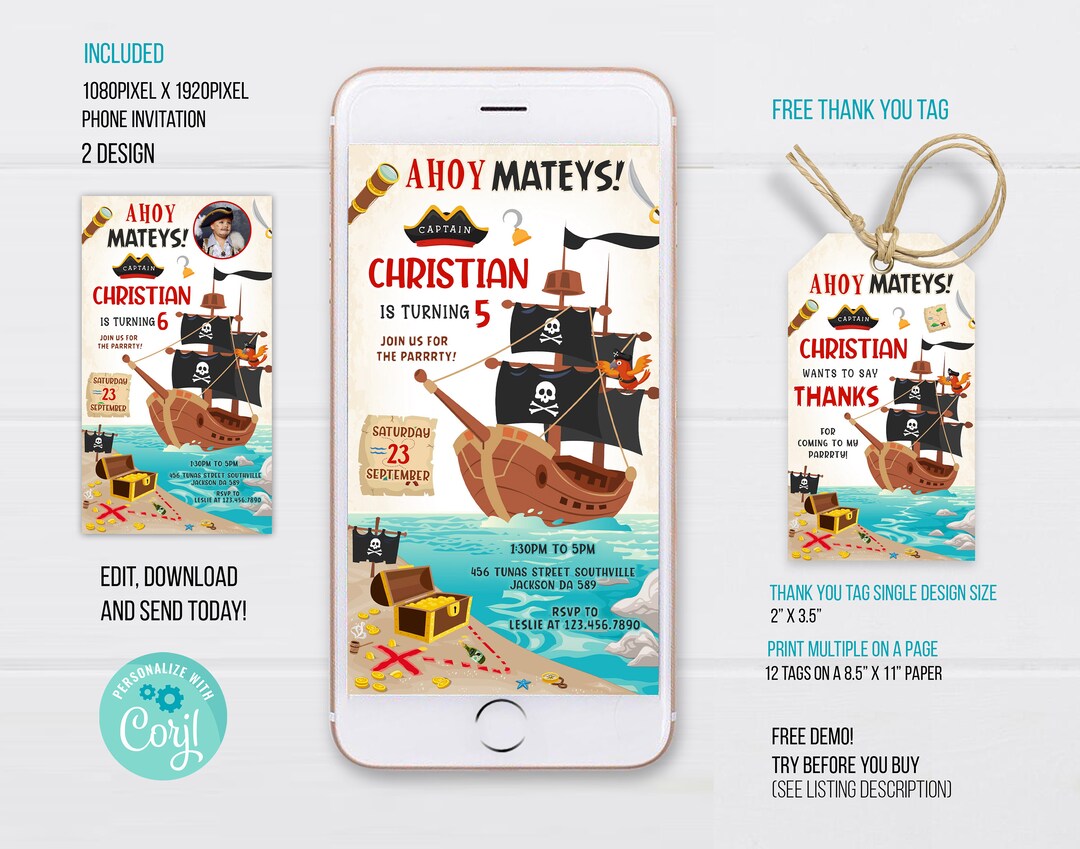 Pirate Electronic Invitation Template, Pirate Birthday Phone Invitation, Pirate Thank You Tag
