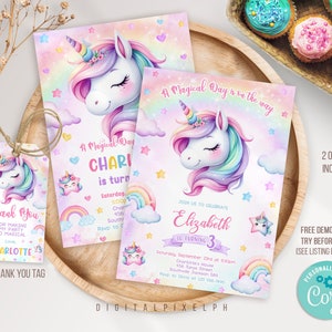 Editable Unicorn Birthday Invitation Template, Unicorn Birthday Invitation, Unicorn Thank you tags, Unicorn Invitation