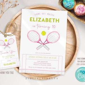 Editable Tennis Birthday Invitation template, Summer Sports Invitation, Tennis invitation, Tennis thank you tags