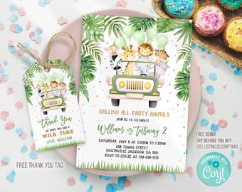 EDITABLE Safari Birthday Invitation, Wild One 1st Birthday Invite, Jungle Animals invitations, Safari thank you tags