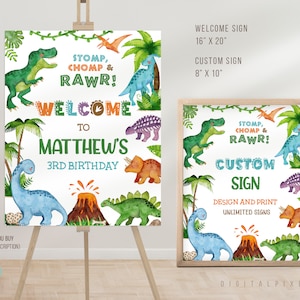 Modelo editável de sinal de boas-vindas de aniversário de dinossauro, modelo de sinal personalizado de aniversário de dinossauro, sinal de boas-vindas de dinossauro, sinal personalizado de dinossauro