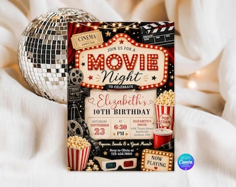 Invito di compleanno per serata cinema, modello modificabile per festa a tema cinema (download digitale)