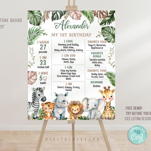 Bewerkbare Safari verjaardag mijlpaal poster sjabloon, Safari Wild één verjaardag mijlpaal poster, Safari verjaardag mijlpaal bord poster