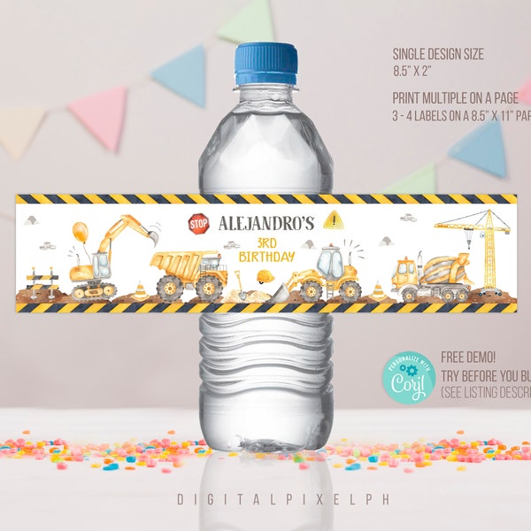 Editable Construction Birthday Water Bottle Label, Construction Label, Construction Water Bottle Label, Construction bottle Label