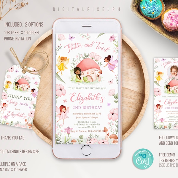 Fairy Birthday Phone Invitation, Fairy Electronic Invitation, Fairy thank you tag, Fairy Invite, Fairy Phone Invite