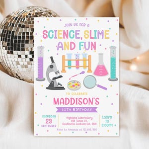 Convite de aniversário com tema de ciência maluca, experimento com slime, editável (download digital)