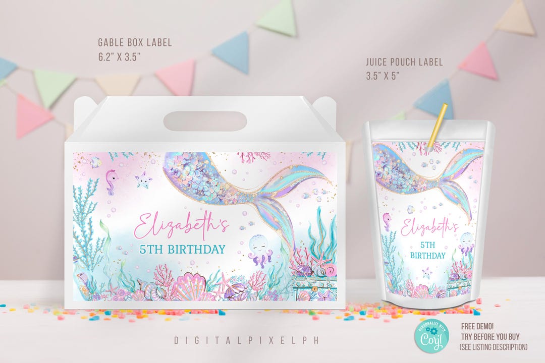 Mermaid Gable Box Favor Label, Mermaid Capri Sun Juice Labels Template ...