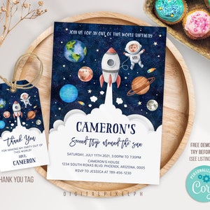 Outer Space Birthday Invitation Template, Planets Rocket Ship Astronaut Invite, Galaxy Blast Off Invitation, Editable Invitation image 2