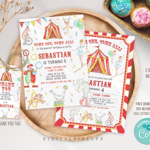 Carnival Birthday Invitation, Circus Birthday Invitation, Carnival Invitation, Carnival  circus thank you tag, Editable Template, DPPH