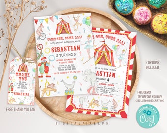 Carnival Birthday Invitation, Circus Birthday Invitation, Carnival Invitation, Carnival  circus thank you tag, Editable Template