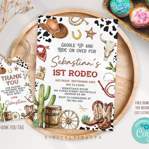 Modelo de convite de aniversário de cowboy editável, convite de aniversário do velho oeste, convite para primeiro rodeio, convite de cowboy