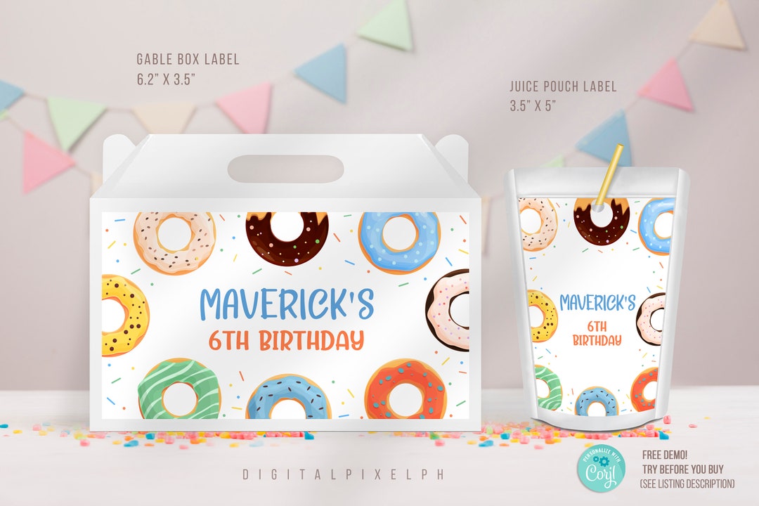 Editable Donut Capri Sun Labels, Donut Juice Labels, Donut Gable Box ...