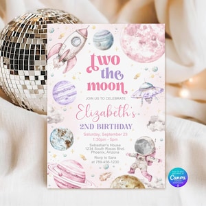 May include: A rectangular birthday invitation card featuring watercolor space illustrations including a rocket, planets, a UFO, and an astronaut. The text reads: Two the moon, Elizabeth's 2nd Birthday, Saturday, September 23, 1:30pm-5pm, Sebastian's House, 1234 South Roxas Blvd, Phoenix, Arizona, RSVP to Sara at 789-456-1230.