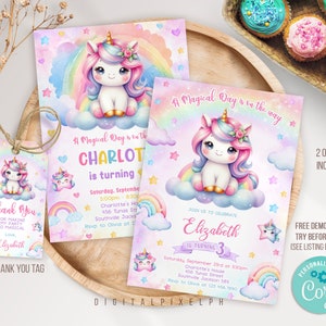 Editable Unicorn Birthday Invitation Template, Unicorn Birthday Invitation, Unicorn Thank you tags, Unicorn Invitation