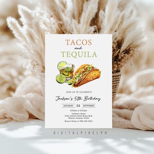 Op de afbeelding: Een uitnodiging voor een feestje met de tekst "TACOS and TEQUILA" en aquarel illustraties van een taco, een glas tequila met limoen en limoen schijfjes. De uitnodiging is voor Jackson's 50e verjaardag, met datum, tijd en locatie.