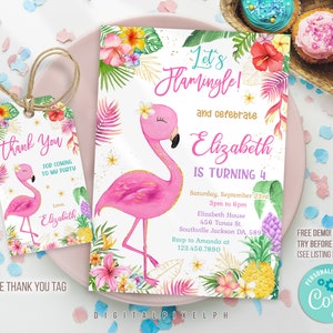 Sjabloon bewerkbare flamingo-verjaardagsuitnodiging, flamingo-uitnodiging, tropische verjaardagsuitnodiging, flamingo-bedanktag M3L
