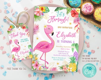 Bewerkbare Flamingo verjaardagsuitnodiging sjabloon, Flamingle uitnodiging, tropische verjaardagsuitnodiging, Flamingo bedankje tag